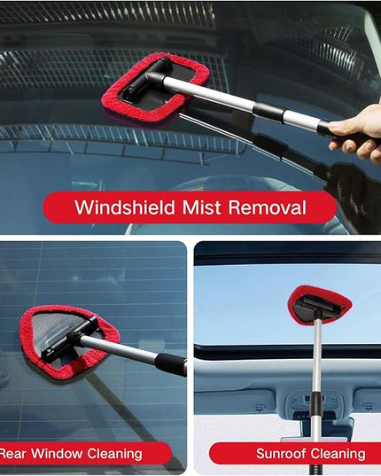 11pcs Windshield Cleaner Tool, Car Window Cleaning Wash Kit with 6 Reusable Microfiber Pads 2 Spray Bottles and Extendable Handles Auto Glass Wiper Kit, Red