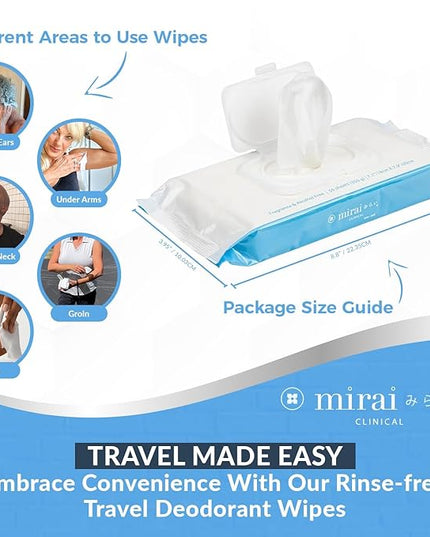 Mirai Clinical's Deodorizing Body Wipes for Women & Men - Cleansing & Refreshing Deodorant Wipes Women & Men Love - Fights Nonenal® Body Odor - For Whole Body Usage - Unscented - 3 packs.