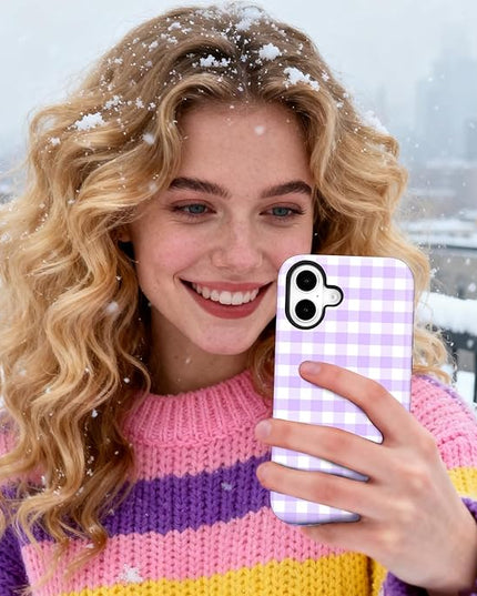 Magnetic for iPhone 16 Case Cute Checkered Stripes Phone Case for Women Girls, Shockproof Slim TPU and Hard PC Protective Phone Cover Compatible with MagSafe Designed, Purple