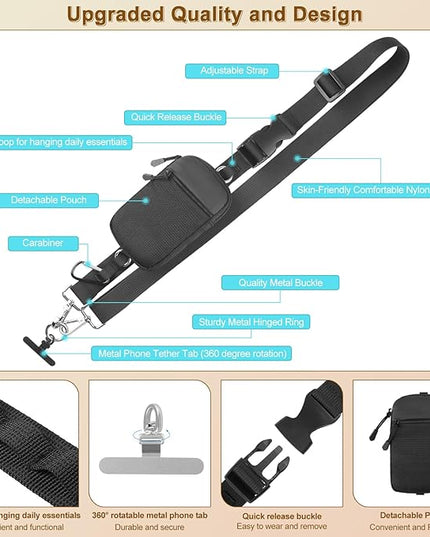 Phone Strap Crossbody Wrist strap - Upgraded Hands-Free Phone Lanyard with Detachable Wallet, Anti-Drop Clip and Go Strap with 360° Rotatable Metal Phone Tabs, Compatible with All Phones (Black)