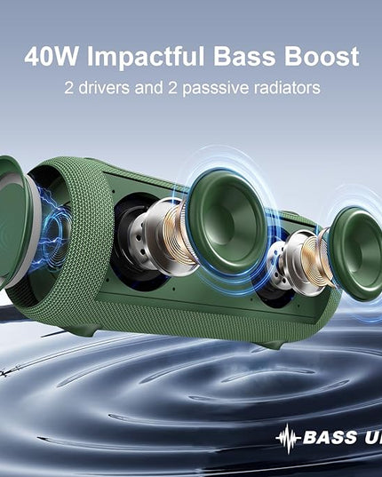 Passau Portable Bluetooth Speakers 40W Peak Loud Stereo Sound, Passive Radiators-Deep Bass, All Day Playtime, Adjustable Strap, BT5.3, IPX5 Wireless Speaker RGB Lights for Indoor Outdoor-Green