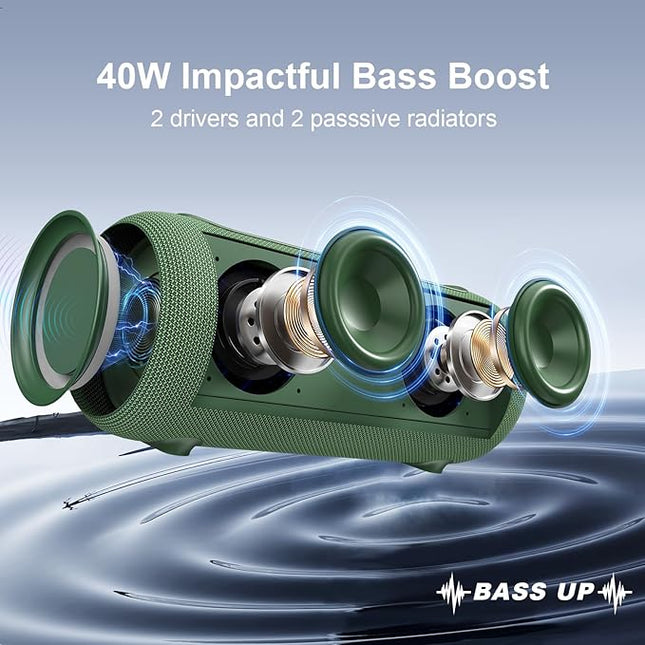 Passau Portable Bluetooth Speakers 40W Peak Loud Stereo Sound, Passive Radiators-Deep Bass, All Day Playtime, Adjustable Strap, BT5.3, IPX5 Wireless Speaker RGB Lights for Indoor Outdoor-Green