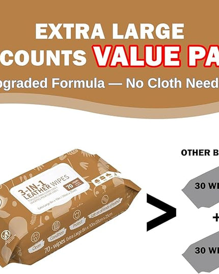 Air Jungles 3in1 Leather Cleaner Wipes 70 Count, Extra Large 8" x 10" Size, Clean Condition Protect Wipes for Vinyl and Leather Apparel Furniture Auto Car Interior Shoes Boots Bags