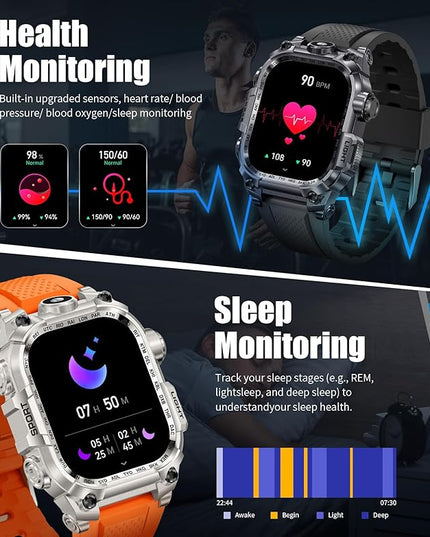 Military Smart Watches for Men(Answer/Make Calls),2.01" HD Screen Sports Smartwatch with LED Flashlight/700mAh Battery,IP68 Waterproof Fitness Tracker for Android iOS,100+Sport Modes,Black