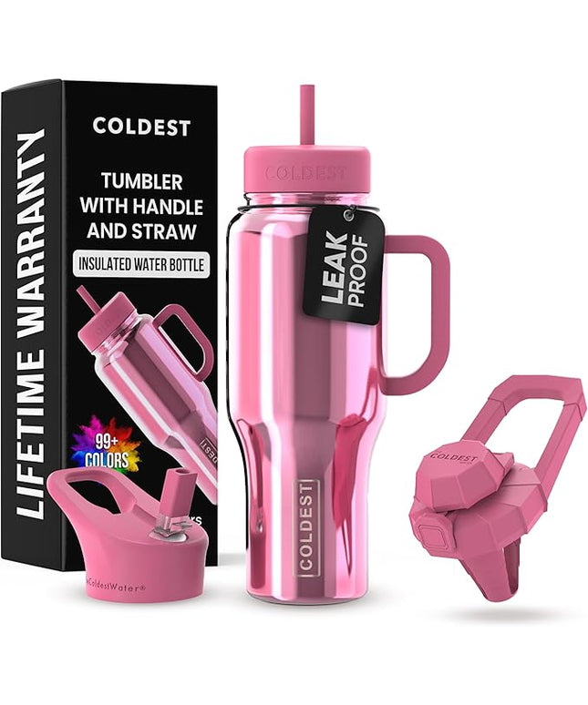 Coldest Tumbler with Handle and Straw - 100% Spill Proof Tumbler with Straw (3 Lids) - Stainless Steel Insulated Leakproof Tumblers for Women & Men - 36 oz (Pink Reflections)