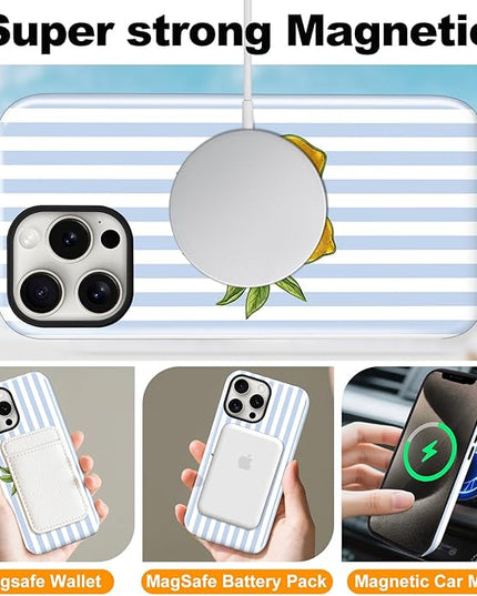 Magnetic for iPhone 15 Pro Max Case Cute Lemon Stripes Phone Case, Shockproof Slim TPU and Hard PC Protective Phone Cover Compatible with MagSafe Designed for Women Girls, Blue