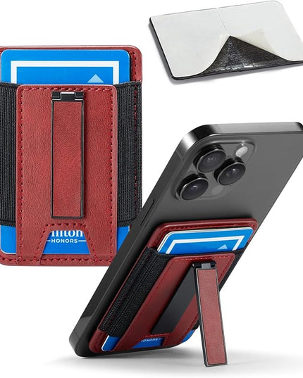 BIAJIYA Phone Wallet Sticky Back with Stand - Holds 6 Cards for iPhone & Samsung, Ultra Thin Leather & Stretch Fabric Card Holder (WinRed)