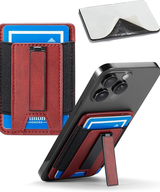 BIAJIYA Phone Wallet Sticky Back with Stand - Holds 6 Cards for iPhone & Samsung, Ultra Thin Leather & Stretch Fabric Card Holder (WinRed)