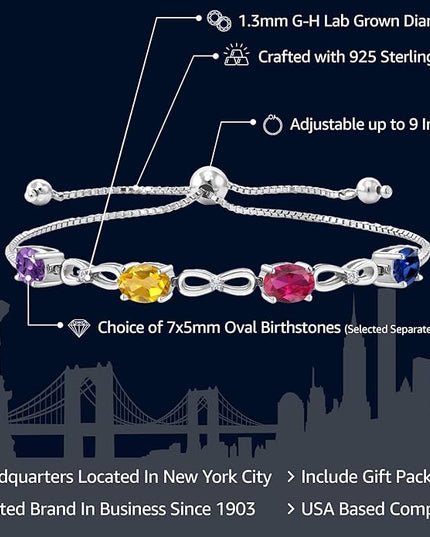 Gem Stone King 925 Sterling Silver Customized and Personalized 4 Gemstone Birthstone and White Lab Grown Diamond Infinity Tennis Bracelet For Women (3.02 Cttw, Fully Adjustable Up to 9 Inch)