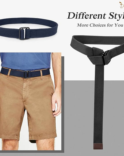 JASGOOD Men Canvas Fabric Belts Casual Web Cloth Belts with Black Double Ring Buckle 2 Pack