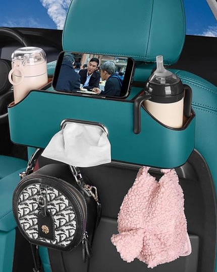 HOLDCY Car Back Seat Organizer with 2 Drink Cup Holder - Tissue Box and Storage Box Hook - Multi-functional Storage - Great for Kids and Travel (Blue)