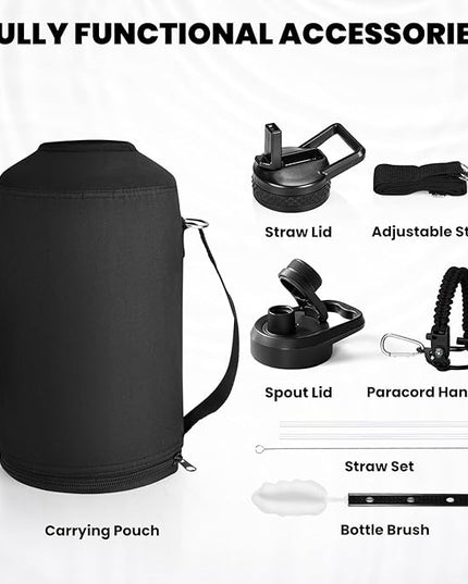 One Gallon Water Bottle Insulated, Triple Walled Vacuum Stainless Steel (Cold for 48 Hrs), Leak Proof & Non-BPA, Large Water Flask Jug with Paracord Handle & Straw Spout Lids