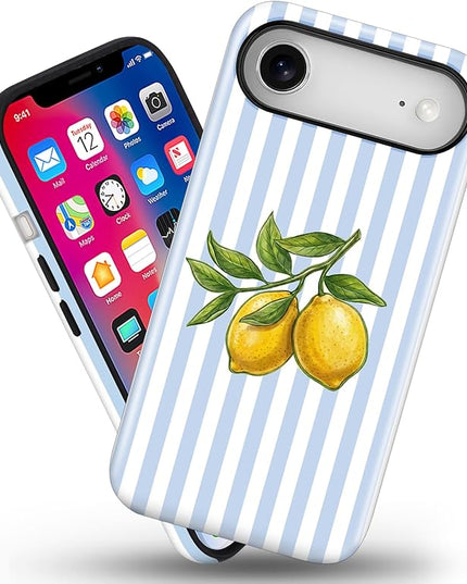Magnetic for iPhone 17 Air Case Cute Lemon Stripes Phone Case, Shockproof Slim TPU and Hard PC Protective Phone Cover Compatible with MagSafe Designed for Women Girls, Blue