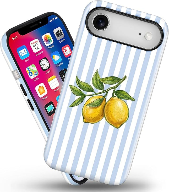 Magnetic for iPhone 17 Air Case Cute Lemon Stripes Phone Case, Shockproof Slim TPU and Hard PC Protective Phone Cover Compatible with MagSafe Designed for Women Girls, Blue