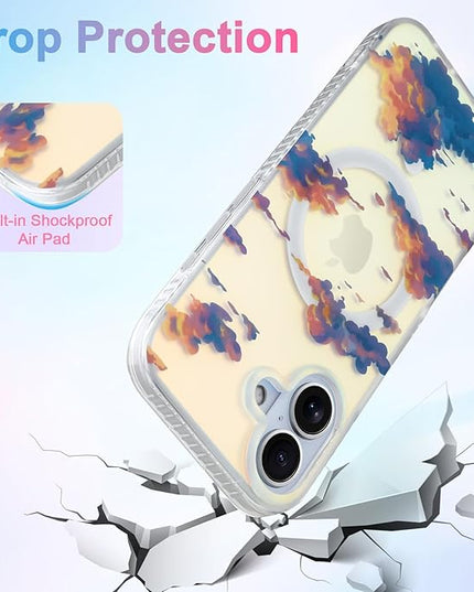 Cute Case for iPhone 17 Case for Women Girls [ Compatible with Magsafe ] Aesthetic Cloud Pattern Design, Girly Glitter Sparkly Bling Protective Phone Cover, Iridescent Sun Set Sky