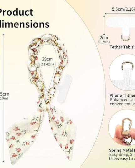 Fycyko Phone Wrist Strap with Gold Metal Scarf and Universal Tether Tab, Aesthetic Print Design Ribbon Chain, Multi-Purpose Accessories for Bag Key Cellphone for Men Women Girls-Beige Floral