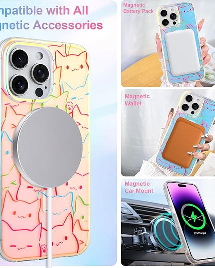 Cute Case for iPhone 14 Pro Max Case for Women Girls Boys [ Compatible with Magsafe ] Iridescent and Black Cats Cat Pattern Design, Kawaii Colorful Animal Soft Bumper Protective Phone Cover