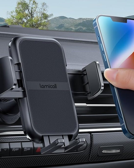 Lamicall 2026 Wider Clamp & Metal Hook Car Phone Holder Vent [Thick Cases Friendly] Phone Holders for Your Car Mount Automobile Hands Free Cradle Air Vent for iPhone 16 15 14 13 Pro Max Smartphone