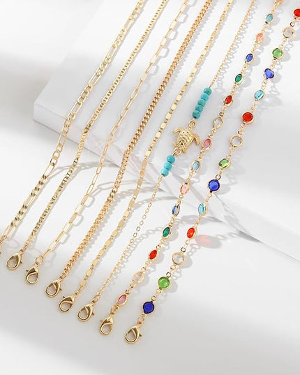 Starain 12Pcs Summer Beach Anklets for Women Waterproof Gold Silver Chain Ankle Bracelets Cute Women's Foot Anklet Set 7.9-10.5 inch Adjustable