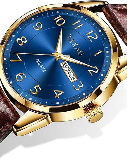 Mens Leather Watch Large Face Classic Quartz Mens Analog Watches Luxury Dress Watches for Men Waterproof Men's Wrist Watch Easy Read with Date Number Dial Relojes para Hombre
