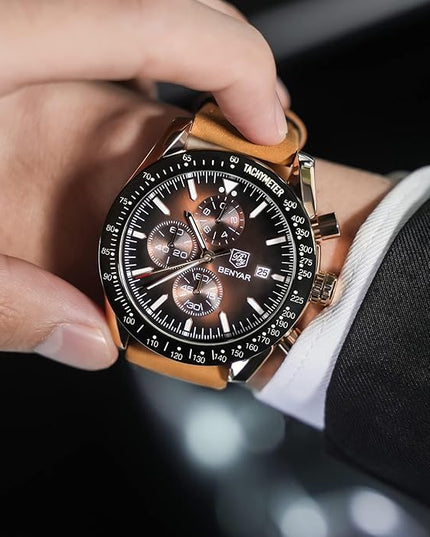 BY BENYAR Watch for Men Analog Quartz Chronograph Waterproof Luminous Designer Mens Wrist Watches Business Work Sport Casual Dress Watch with Silicone Strap Elegant Gifts for Men