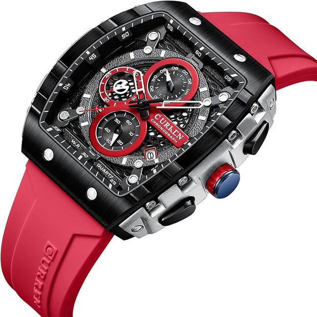 PASOY Luxury Chronograph Watches for Mens Rubber Strap Black Waterproof Date Analog Quartz Watch