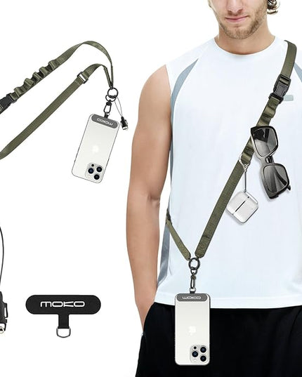 MoKo Universal Phone Lanyard, Nylon Adjustable Cell Phone Crossbody Strap Detachable Women & Men Cellphone Lanyards Around the Neck with Patches for iPhone, Most Smartphone, Army Green
