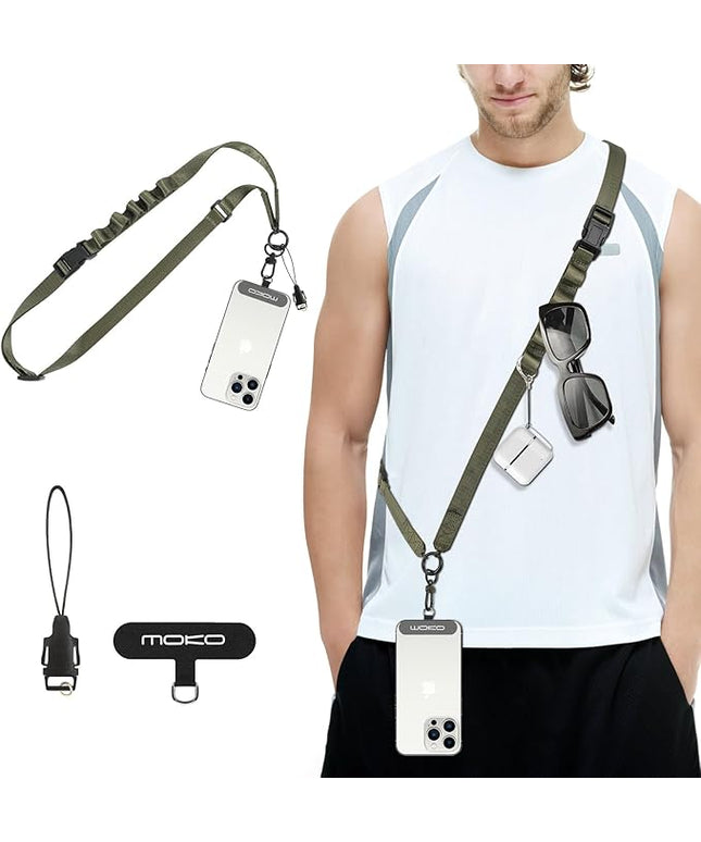 MoKo Universal Phone Lanyard, Nylon Adjustable Cell Phone Crossbody Strap Detachable Women & Men Cellphone Lanyards Around the Neck with Patches for iPhone, Most Smartphone, Army Green