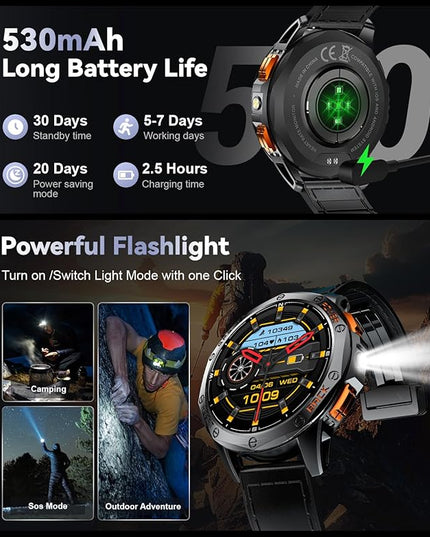 LIGE GPS Smart Watches for Men, Bluetooth Call, LED Flashlight, Compass, 1.43" AMOLED Fitness Watch with Heart Rate/Sleep Monitor, 100+ Sports Modes, iOS Android Compatible, Military Outdoor, Black