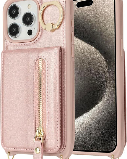 for iPhone 15 Pro Max Wallet Case with Card Holder, for iPhone 15 Pro Max Case Wallet with Strap Credit Card Slot, Crossbody Bag with Zipper Case for iPhone15 Pro Max - Rose Gold