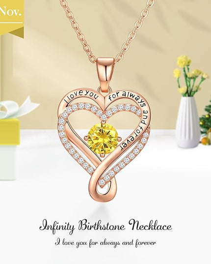 Infinity Love Heart Birthstone Necklace for Women Wife, S925 Sterling Silver Anniversary for Women Wife Birthday Gift for Her Girlfriend Mom Daughters, I Love You Women's Jewelry 18k Rose Gold Filled