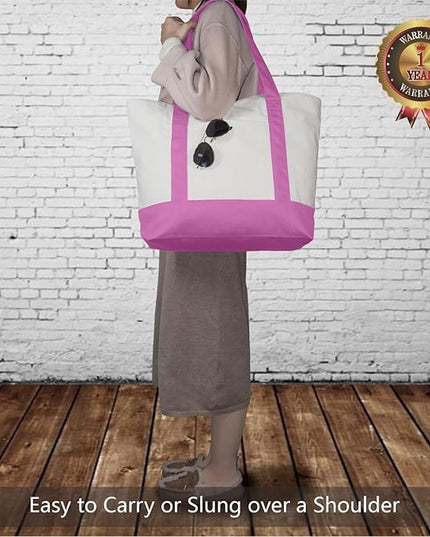 TOPDesign 3-Pack Canvas Tote Bags with an External Pocket, Reusable Grocery Shopping Bags, Top Zipper Closure, Daily Essentials (Light Purple/Natural)