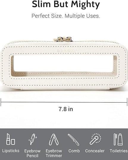 Aveniee Clear Makeup Brush Bag,Slim Cosmetic Brush Holder,Small Toiletry Bag Mini Travel Case for Women,Thin Make up Bags with Dual Zipper,Cute Travel Essentials Organizer,White