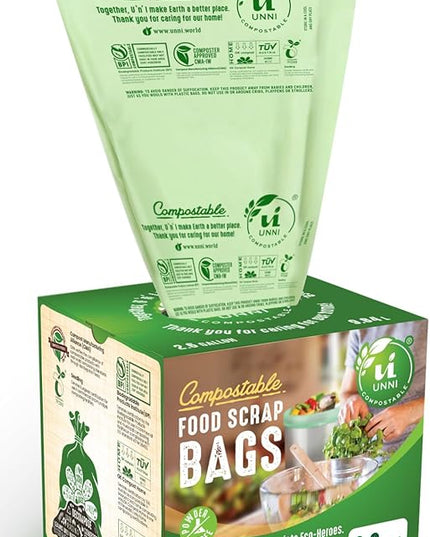 UNNI Compostable Trash Bags, 2.6 Gallon / 9.84 Liter, 100 Count, Extra Thick 0.71 Mil Small Kitchen Food Scrap Bin Liners, Certified by BPI, CMA & OK compost HOME, Meets the ASTM D6400 Standard
