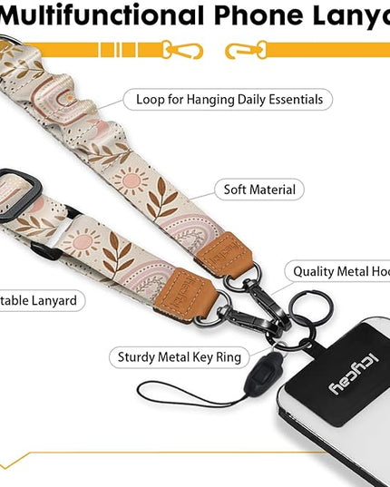 Phone Lanyard Crossbody, Boho Rainbow Cell Phone Strap for Around The Neck Adjustable, Leaf Sun Moon Teacher Anti Theft Cute Lanyard for iPhone Case ID Holder Keys Accessories Travel Essential