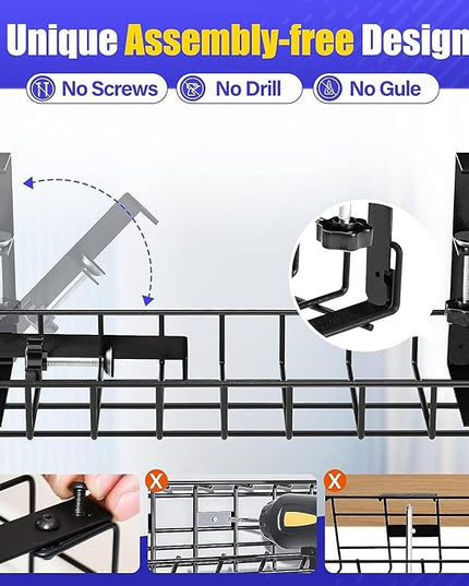 Under Desk Cable Management Tray 2 Pack, Xpatee Wire Management No Screws, Cable Tray with Clamp for Wire Management, Computer Code Rack for Office, Home - No Damage to Desk Black