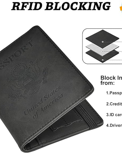 HerriaT Passport and Vaccine Card Holder Combo,Cover Case with CDC Vaccination Card Slot, Leather Travel Documents Organizer Protector, with RFID Blocking, for Women and Men