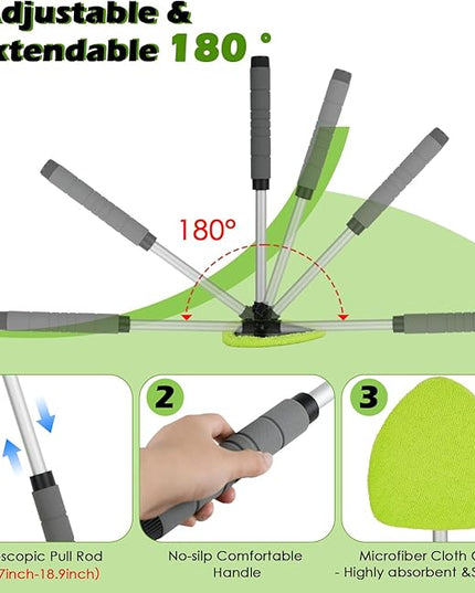 7PCS Windshield Cleaner Tool, Car Windshield Cleaner Tool+Side Mirror Squeegee +3 Microfiber Pads+100ml Spray Bottle+1 Detailing Brush,12-19inches Extendable Handle,180° Rotation