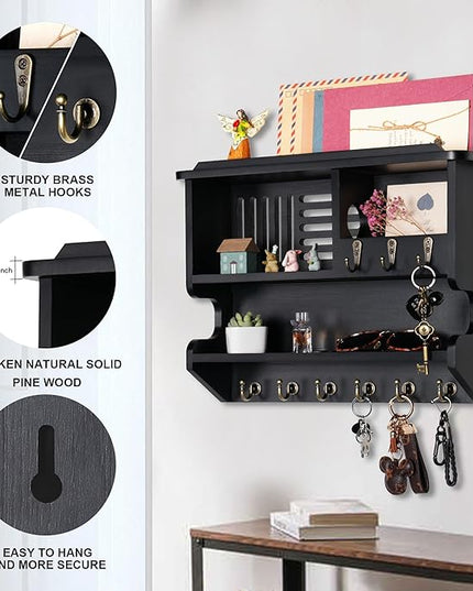 Mutsault Key Holder for Wall, Mail and Key Holder for Home Decor, Key and Mail Holder for Wall with Key Hooks, Black