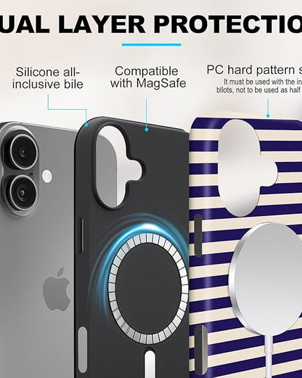 Magnetic for iPhone 17 Case Cute Stripes Phone Case, Shockproof Slim TPU and Hard PC Protective Phone Cover Compatible with MagSafe Designed for Women Girls, Blue&Apricot