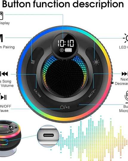 Bluetooth Speaker, Stereo Sound Shower Speaker, IPX7 Waterproof, Digital Display Portable Speaker with Suction Cup, LED Light, Small Wireless Speakers for Outdoor Party Beach Bathroom, Orange