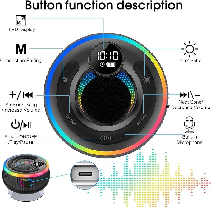 Bluetooth Speaker, Shower Speaker Stereo Sound, IPX7 Waterproof Speakers, Digital Display Portable Speaker with Suction Cup, LED Light, Small Wireless Speakers for Outdoor Party Beach Bathroom, Black