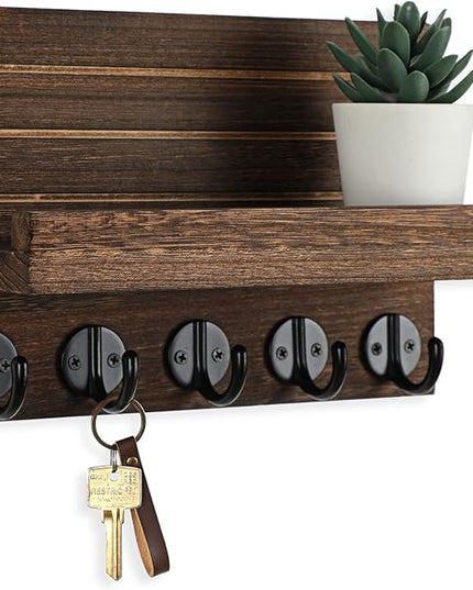 Lwenki Key Holder for Wall, Decorative Key and Mail Holder with Shelf Has Large Key Hooks for Bags, Coats – Paulownia Wood Key Hanger with Mounting Hardware (9.8”W x 6.7”H x 4.2”D) (Brown)