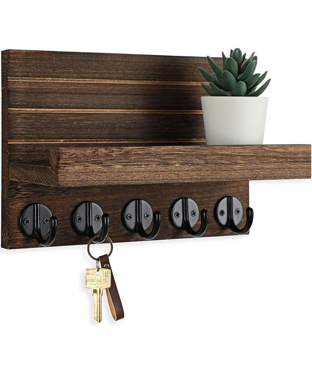 Lwenki Key Holder for Wall, Decorative Key and Mail Holder with Shelf Has Large Key Hooks for Bags, Coats – Paulownia Wood Key Hanger with Mounting Hardware (9.8”W x 6.7”H x 4.2”D) (Brown)