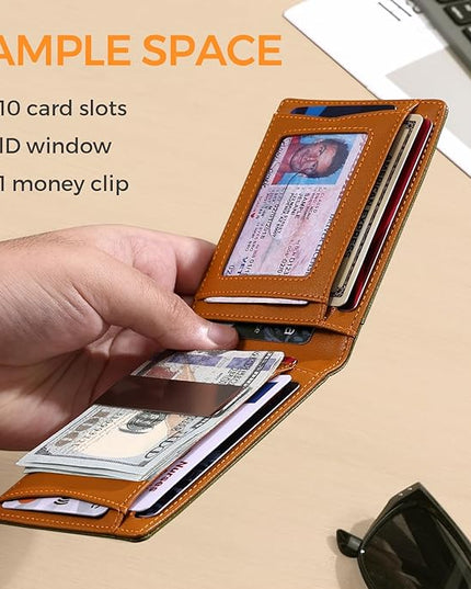 RUNBOX Slim Money Clip Wallets for Men RFID Blocking 11 Card Holder Minimalist Small Leather Bifold Men's Front Pocket Wallet Gift Box
