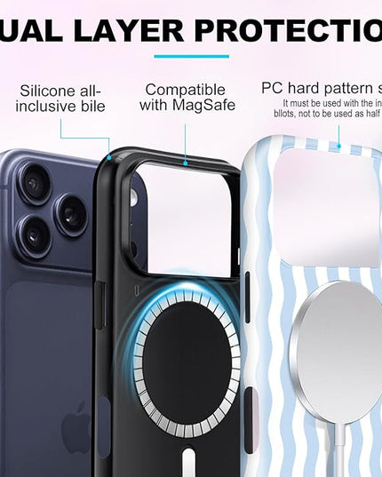 Magnetic for iPhone 17 Pro Case Cute Wavy Stripes Phone Case, Shockproof Slim TPU and Hard PC Protective Phone Cover Compatible with MagSafe Designed for Women Girls, Blue