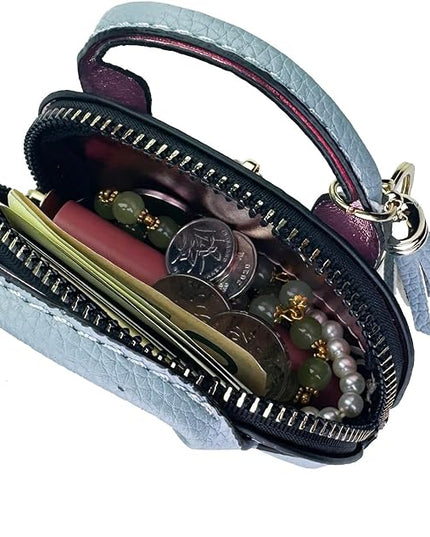 Cute Genuine Leather Keychain Coin Purse for Women with Tassels Mini Change Pouch Brown (Light Blue)