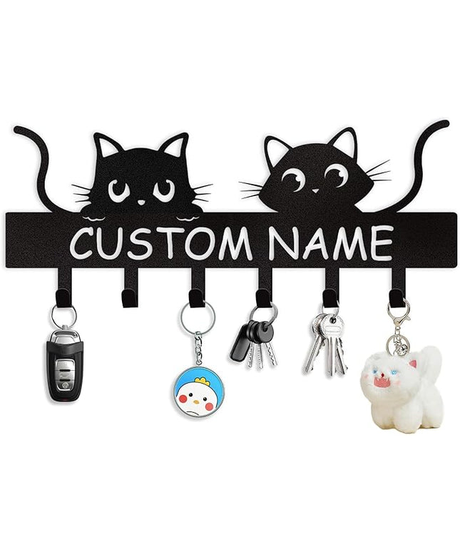 Personalized Metal Key Holder for Wall, Cat Key Holder Wall Mount, Custom Name Cat Coat Key Rack with Hook, Key Hanger Gifts for Cat Lovers, Cute Key Holder Organizer for Entryway Bedroom Decor