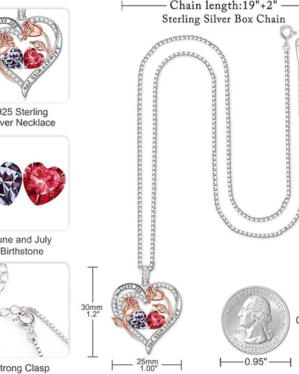 Iefil Christmas Gifts for Women Wife - 925 Sterling Silver Rose Heart Birthstone Necklace Birthday Anniversary Jewelry Gifts for Her Wife Mom Daughter