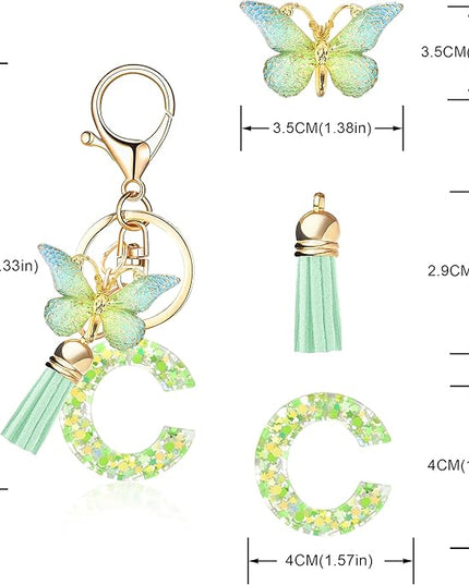 Fashion Alphabet Initial Letter Keychain Tassel Butterfly Pendant Key Ring for Purse Handbags Women Girl